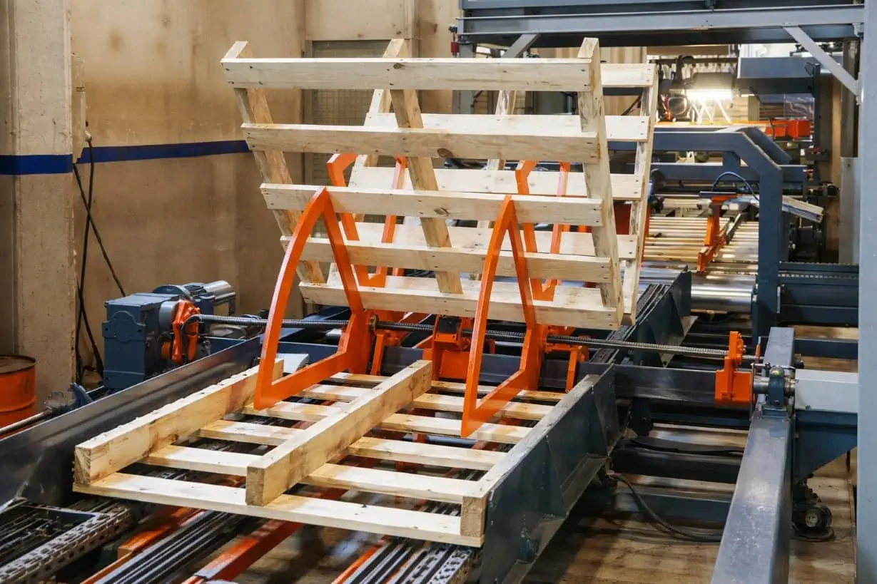 Export Pallets Automated Wooden Pallet Manufacturing for Export and Logistics Automated wooden pallet manufacturing line producing export pallets in Export Pallets Factory in Saudi Arabia
