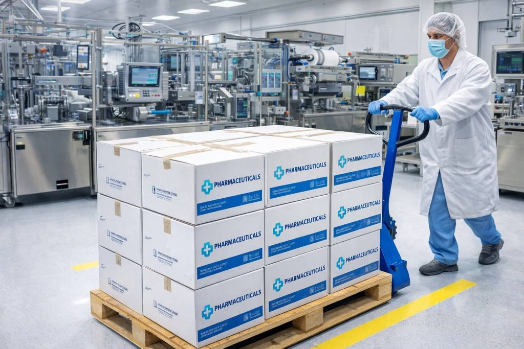 Pharmaceutical products stacked on wooden pallets manufactured by Export Pallets specifically for the pharmaceutical industry.