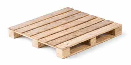 Four way entry open boarded wooden pallet with three base supports for versatile material handling.