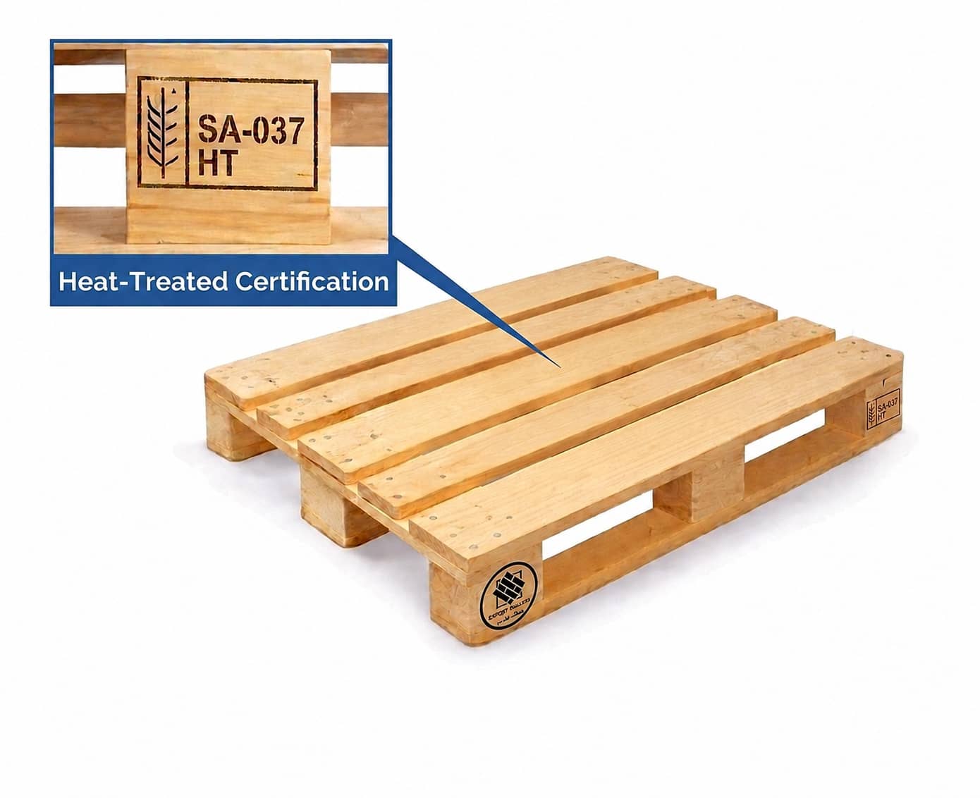 Heat-treated wooden pallet with SA-037 ISPM-15 certification stamp