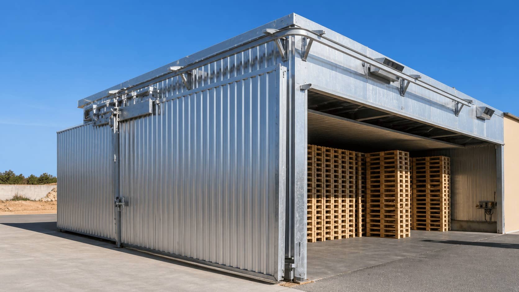 Heat Treatment process Industrial ISPM-15 Heat Treatment Chamber Large industrial ISPM-15 heat treatment kiln chamber loaded with wooden pallets at the Export Pallets Factory in Yanbu, KSA