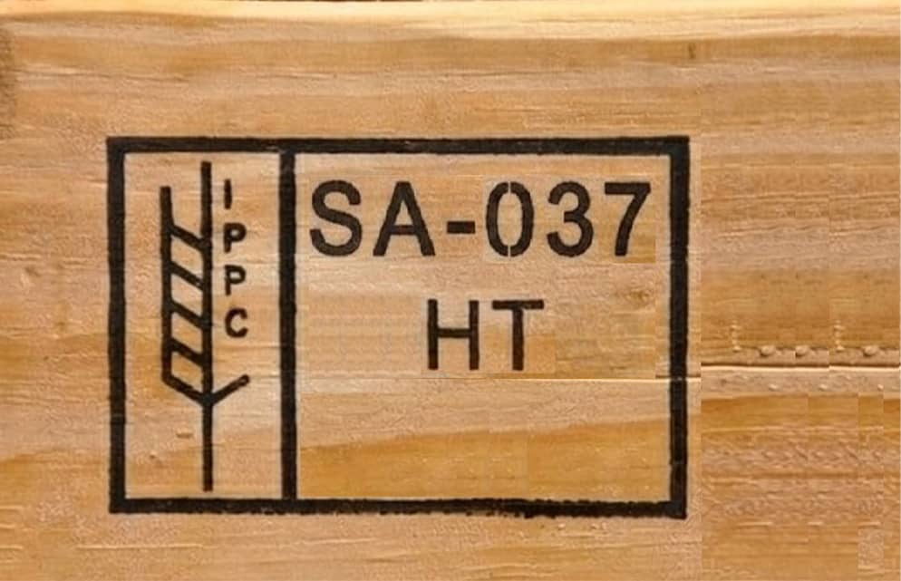 ISPM-15 Heat Treatment Stamp Certification Close-up of IPPC SA-037 HT heat treatment stamp on wooden pallet